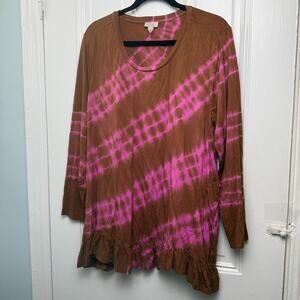 LOGO Lori Goldstein Tie Dye Tunic Plus Size 2X Brown Pink Ruffle Hem Long Sleeve